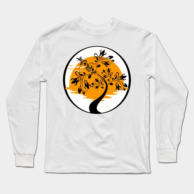 Black Tree and Orange Sun Long Sleeve T-Shirt by Lighttera